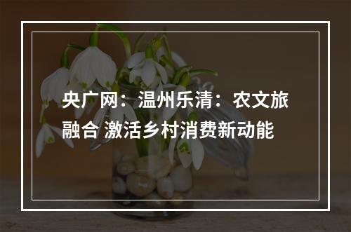 央广网：温州乐清：农文旅融合 激活乡村消费新动能