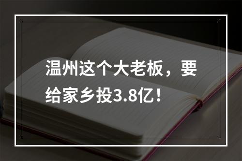 温州这个大老板，要给家乡投3.8亿！
