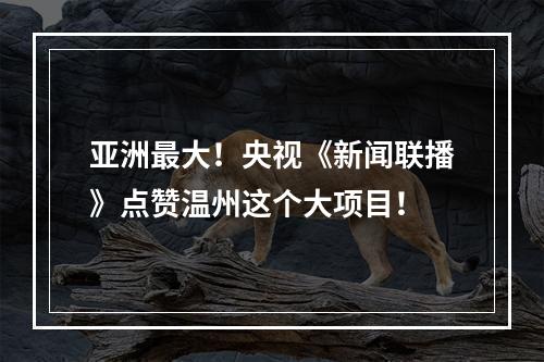 亚洲最大！央视《新闻联播》点赞温州这个大项目！